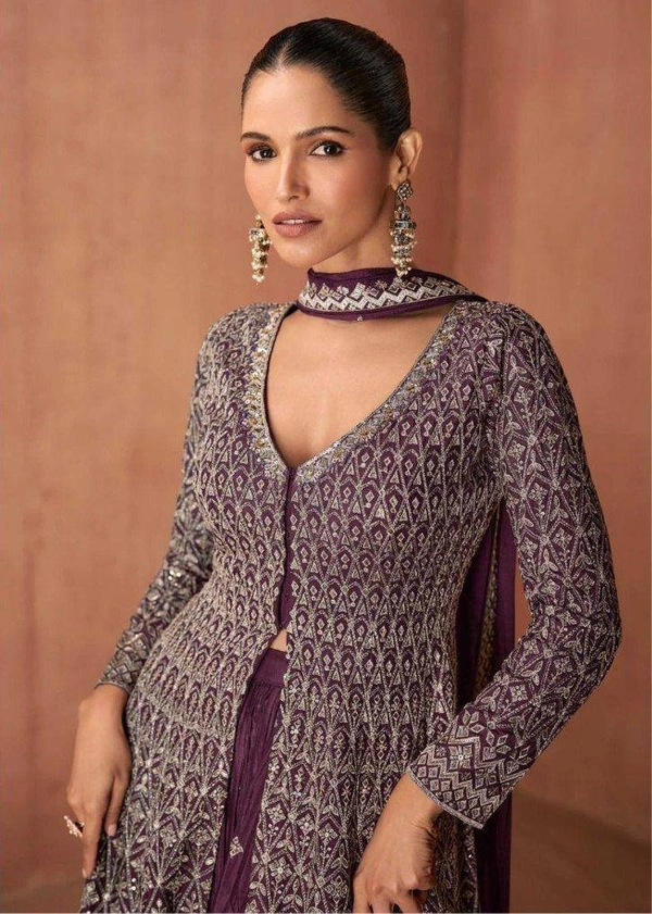 Azorte Fashion Dark Purple Elegant Embroidered Chinon Palazzo Suit Set  - XXL (44)