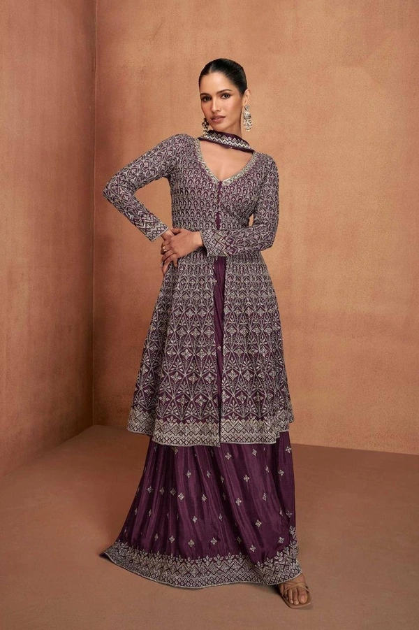 Azorte Fashion Dark Purple Elegant Embroidered Chinon Palazzo Suit Set  - XXL (44)