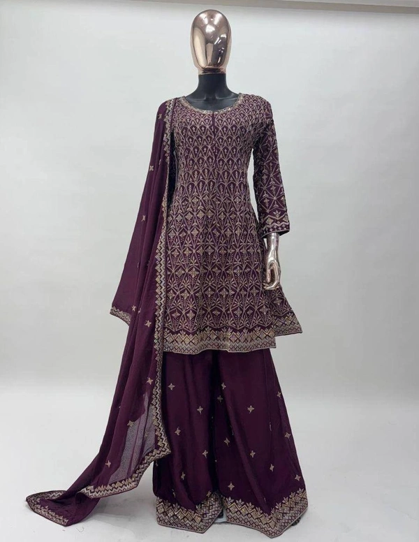 Azorte Fashion Dark Purple Elegant Embroidered Chinon Palazzo Suit Set  - XXL (44)