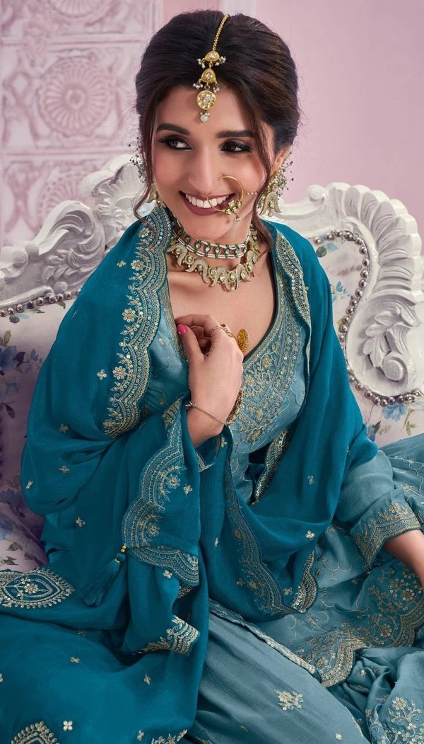Azorte Fashion Teal Blue Elegant Embroidered Chinon Palazzo Suit Set  - XXL (44)