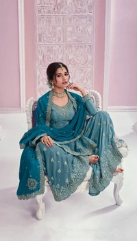 Azorte Fashion Teal Blue Elegant Embroidered Chinon Palazzo Suit Set  - XXL (44)