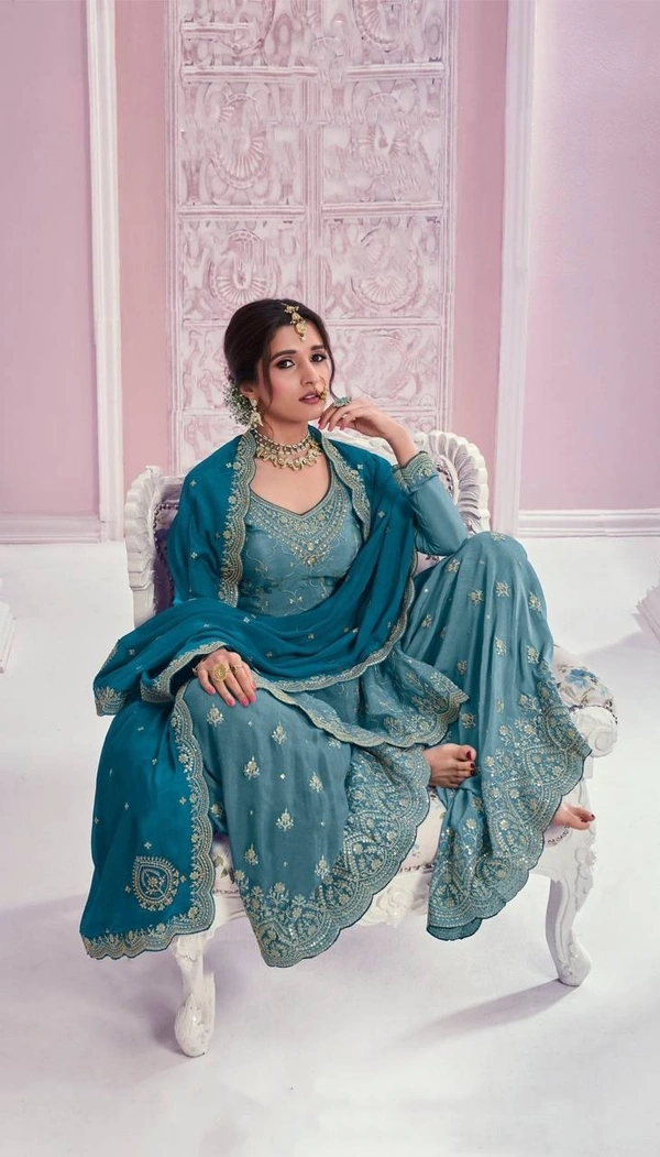 Azorte Fashion Teal Blue Elegant Embroidered Chinon Palazzo Suit Set  - XXL (44)