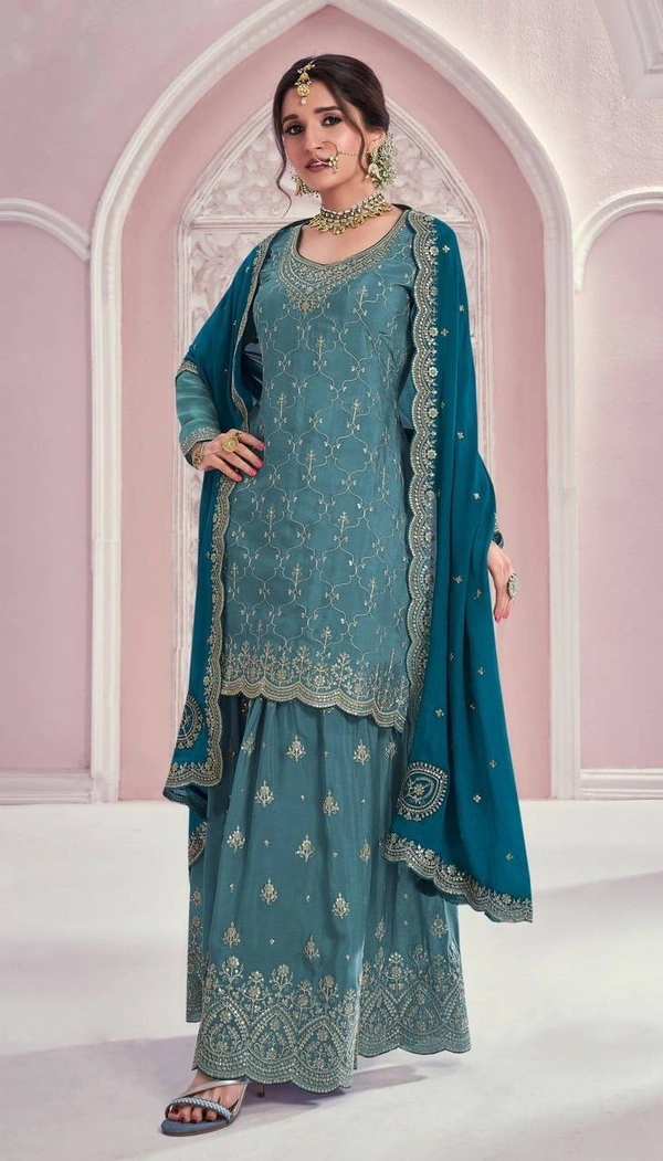 Azorte Fashion Teal Blue Elegant Embroidered Chinon Palazzo Suit Set  - XXL (44)