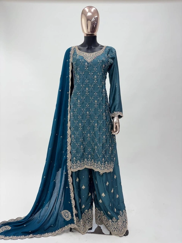 Azorte Fashion Teal Blue Elegant Embroidered Chinon Palazzo Suit Set  - XXL (44)