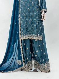 Azorte Fashion Teal Blue Elegant Embroidered Chinon Palazzo Suit Set  - XXL (44)