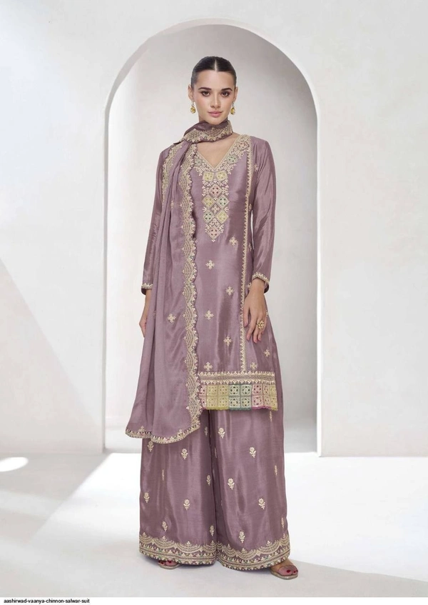 Azorte Fashion Vaanya Chinon Silk Ready-Made Embroidered Suit  - XL (42)