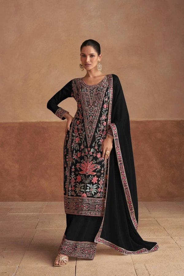 Azorte Fashion Black Chinon Silk Ready-Made Embroidered Suit - XXL (44)