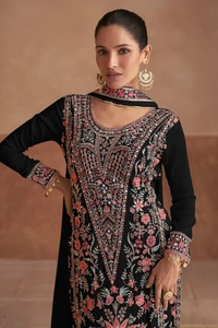 Azorte Fashion Black Chinon Silk Ready-Made Embroidered Suit - XXL (44)