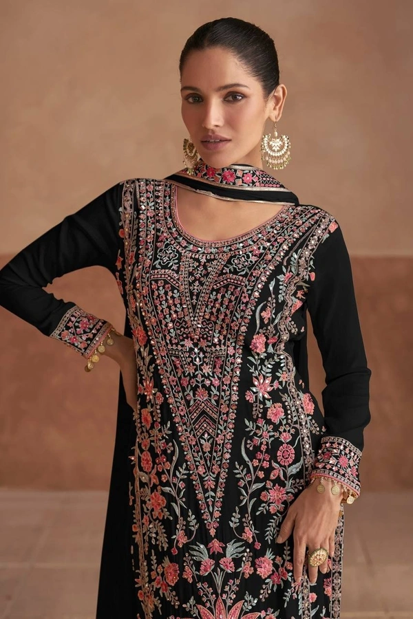 Azorte Fashion Black Chinon Silk Ready-Made Embroidered Suit - XXL (44)
