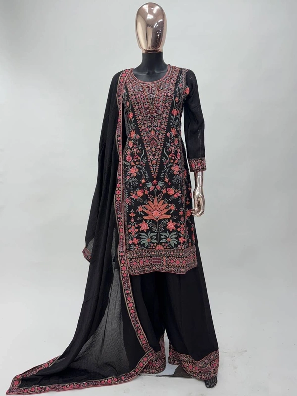Azorte Fashion Black Chinon Silk Ready-Made Embroidered Suit - XXL (44)