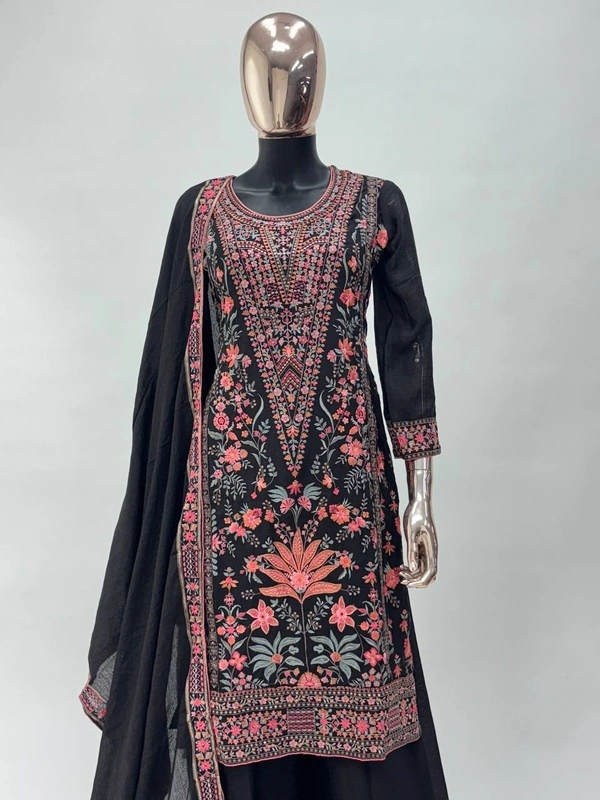 Azorte Fashion Black Chinon Silk Ready-Made Embroidered Suit - XXL (44)