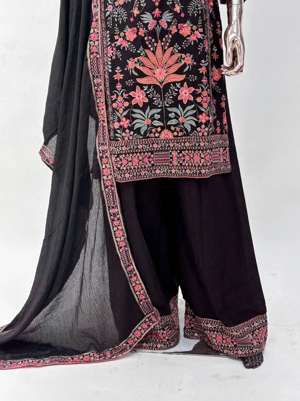 Azorte Fashion Black Chinon Silk Ready-Made Embroidered Suit - XXL (44)