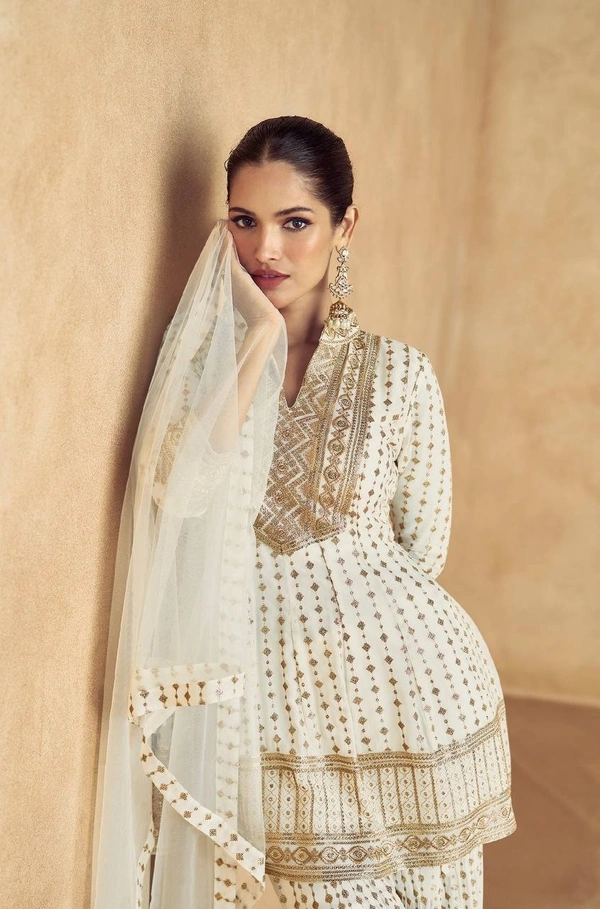 Azorte Fashion White Chinon Silk Ready-Made Embroidered Suit  - L (40)