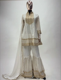 Azorte Fashion White Chinon Silk Ready-Made Embroidered Suit  - L (40)