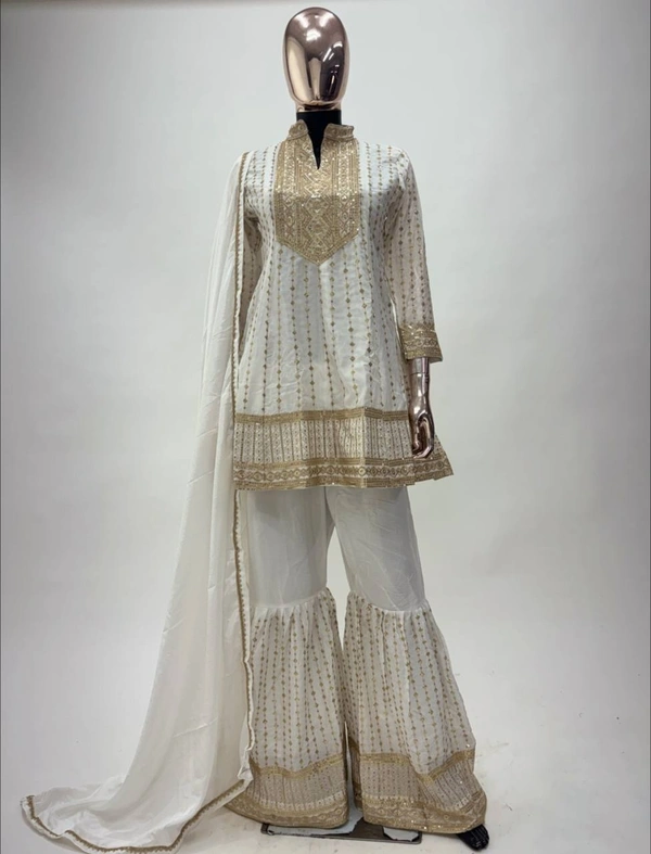 Azorte Fashion White Chinon Silk Ready-Made Embroidered Suit  - L (40)