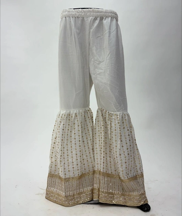 Azorte Fashion White Chinon Silk Ready-Made Embroidered Suit  - L (40)