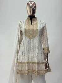 Azorte Fashion White Chinon Silk Ready-Made Embroidered Suit  - L (40)