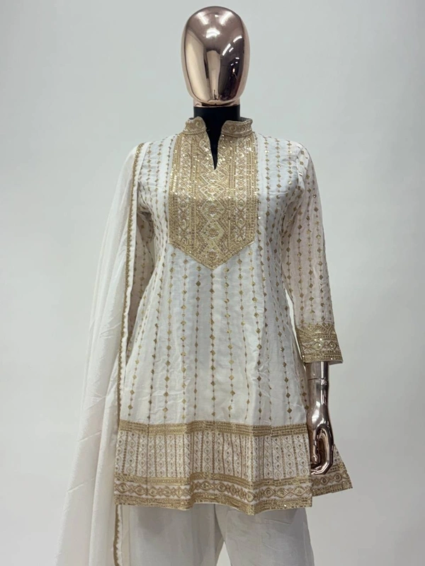 Azorte Fashion White Chinon Silk Ready-Made Embroidered Suit  - L (40)