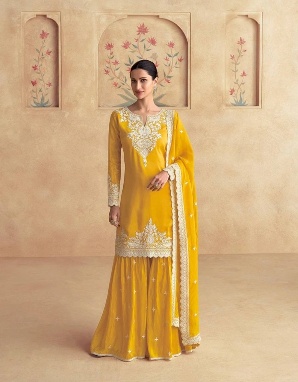 Azorte Fashion Elegant Chinon Embroidered Sharara Suit - XL (42)