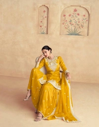Azorte Fashion Elegant Chinon Embroidered Sharara Suit - XL (42)