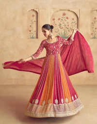 Azorte Fashion Pink & Orange Embroidered Chinon Gown  - XL (42)