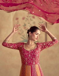 Azorte Fashion Pink & Orange Embroidered Chinon Gown  - XL (42)