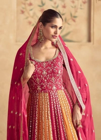 Azorte Fashion Pink & Orange Embroidered Chinon Gown  - XL (42)
