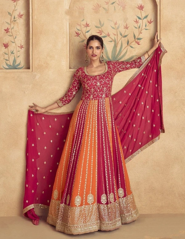 Azorte Fashion Pink & Orange Embroidered Chinon Gown  - XL (42)