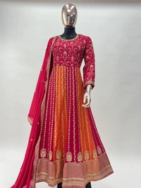 Azorte Fashion Pink & Orange Embroidered Chinon Gown  - XL (42)