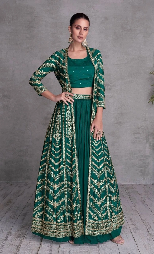 Azorte Fashion Designer Chinon Embroidered Lehenga Jacket Set – Full Stitched - L (40)