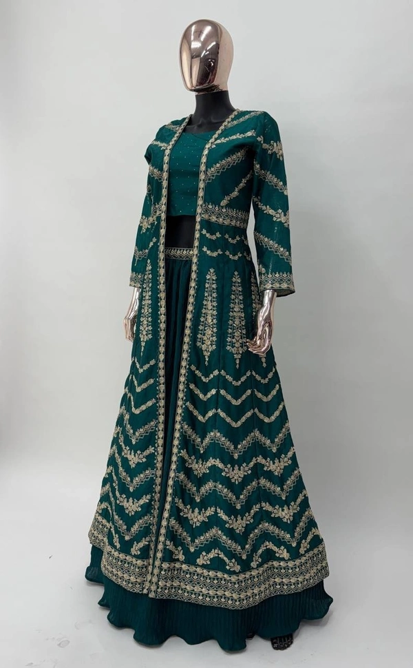 Azorte Fashion Designer Chinon Embroidered Lehenga Jacket Set – Full Stitched - L (40)