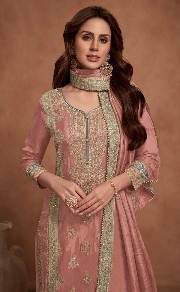 Azorte Fashion Designer Chinon Embroidered Palazzo Suit – Full Stitched - XL (42)