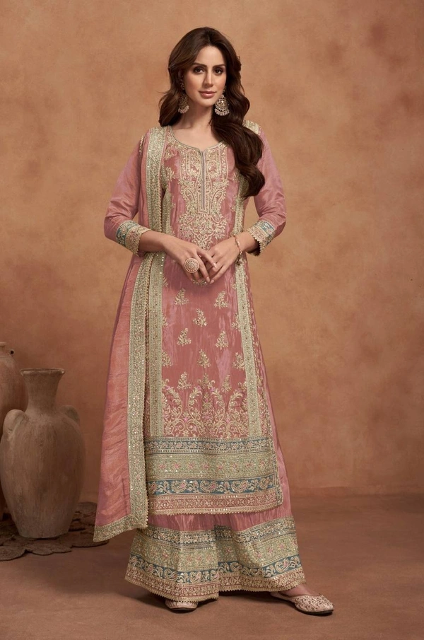 Azorte Fashion Designer Chinon Embroidered Palazzo Suit – Full Stitched - XL (42)