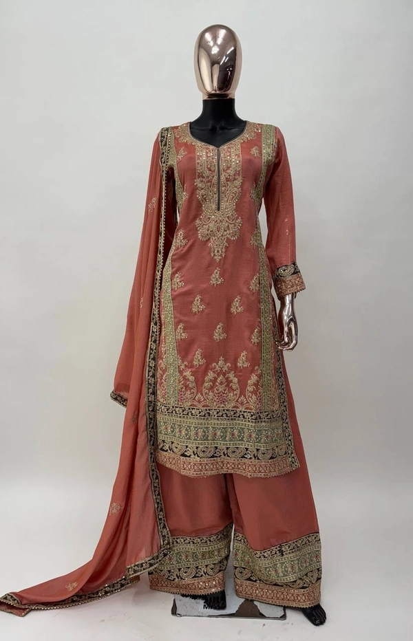 Azorte Fashion Designer Chinon Embroidered Palazzo Suit – Full Stitched - XL (42)