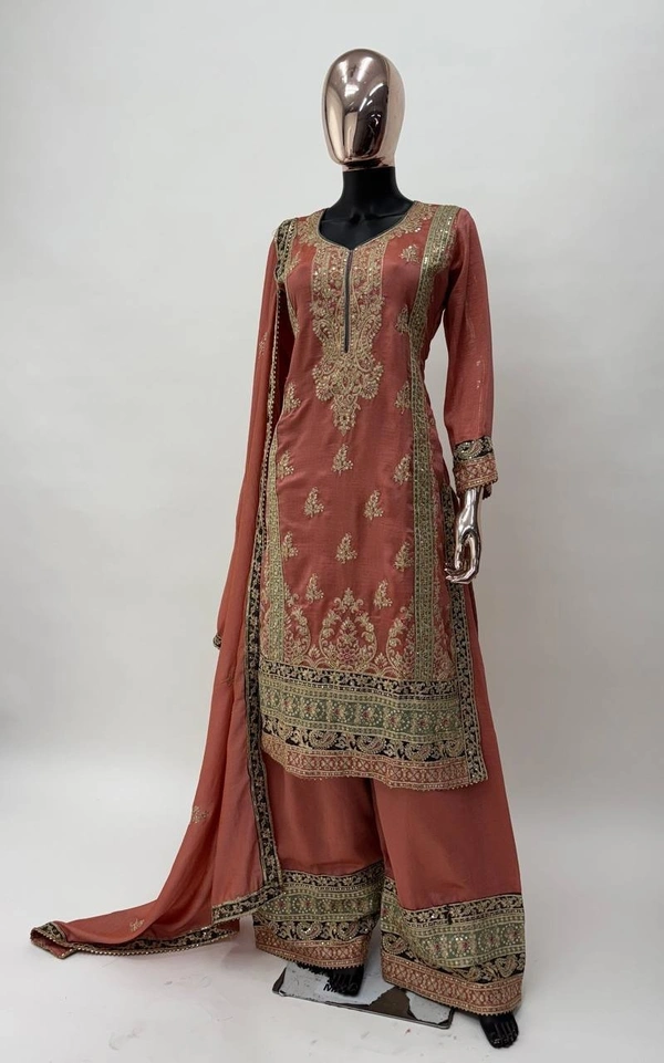 Azorte Fashion Designer Chinon Embroidered Palazzo Suit – Full Stitched - XL (42)