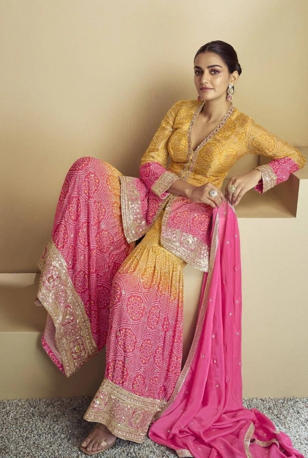 Azorte Fashion Elegant Chinon Embroidered Sharara Suit - Full Stiched - L (40)