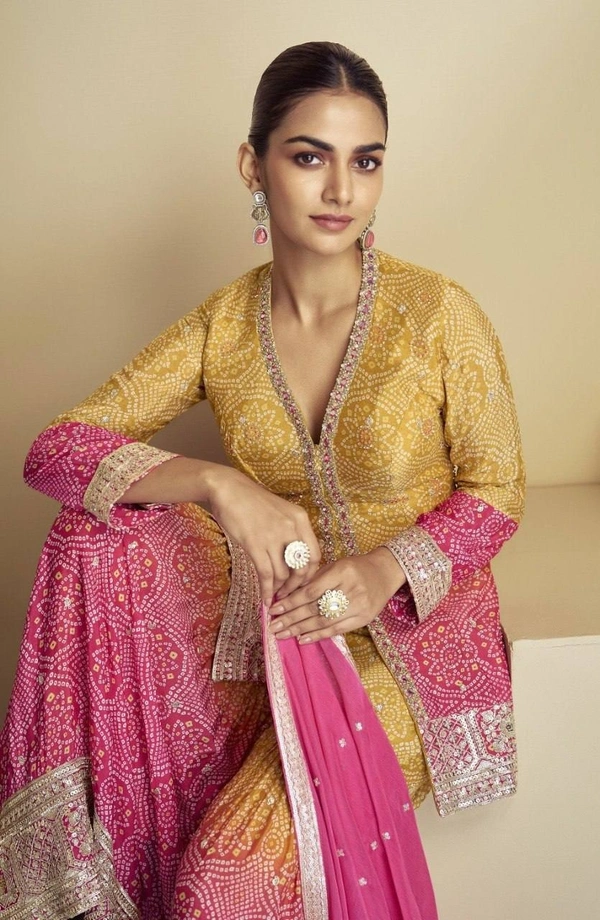 Azorte Fashion Elegant Chinon Embroidered Sharara Suit - Full Stiched - L (40)