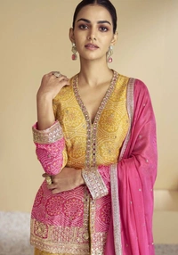 Azorte Fashion Elegant Chinon Embroidered Sharara Suit - Full Stiched - L (40)