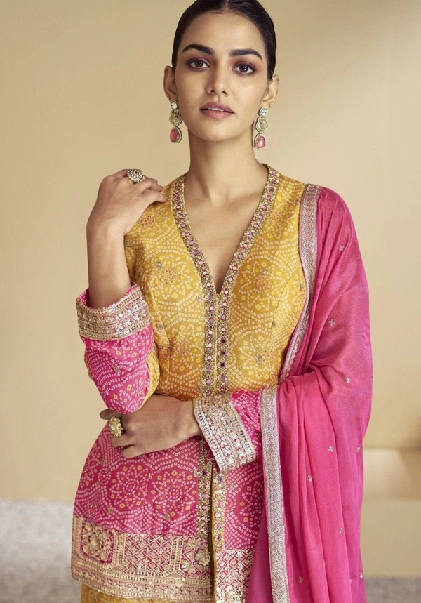 Azorte Fashion Elegant Chinon Embroidered Sharara Suit - Full Stiched - L (40)