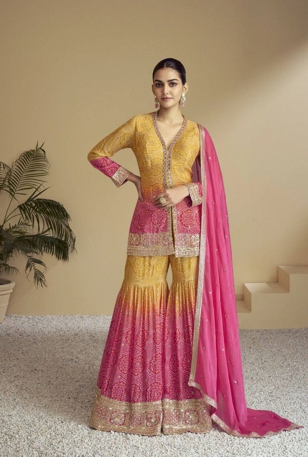 Azorte Fashion Elegant Chinon Embroidered Sharara Suit - Full Stiched - L (40)