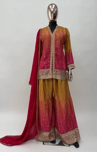Azorte Fashion Elegant Chinon Embroidered Sharara Suit - Full Stiched - L (40)