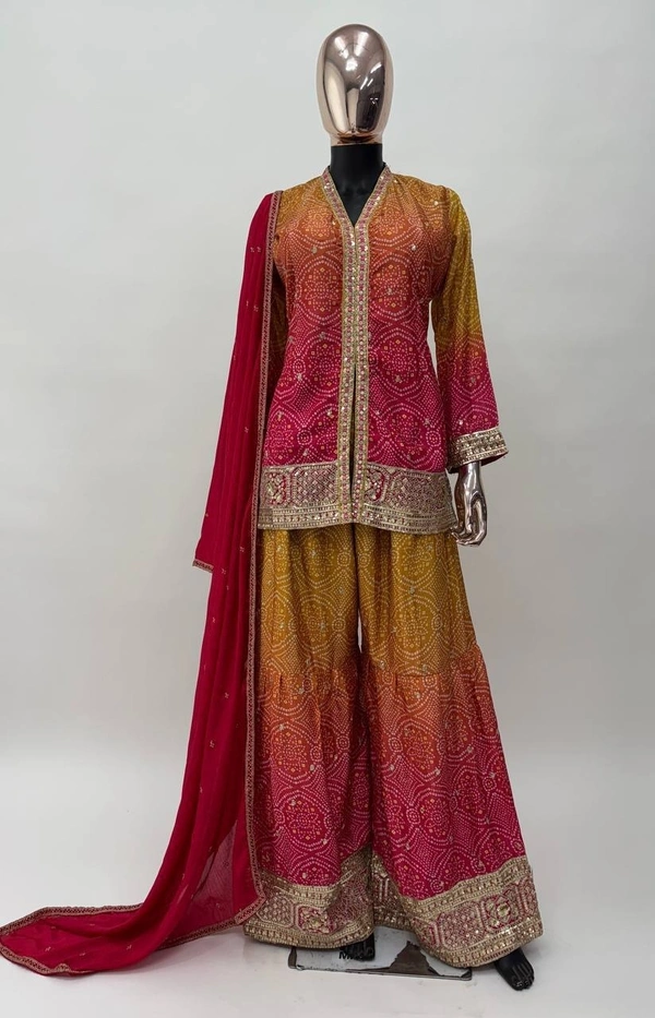 Azorte Fashion Elegant Chinon Embroidered Sharara Suit - Full Stiched - L (40)