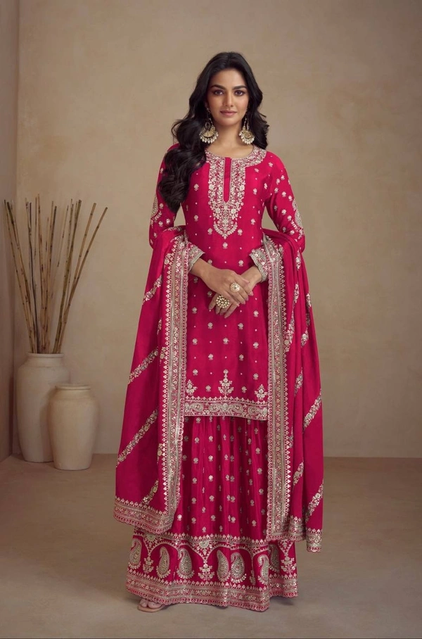 Azorte Fashion Elegant Chinon Embroidered Sharara Suit - Full Stiched - XL (42)
