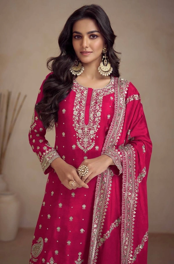 Azorte Fashion Elegant Chinon Embroidered Sharara Suit - Full Stiched - XL (42)