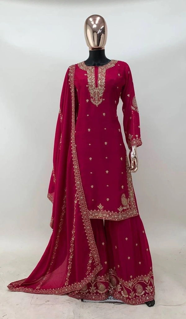 Azorte Fashion Elegant Chinon Embroidered Sharara Suit - Full Stiched - XL (42)