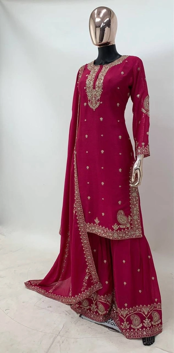 Azorte Fashion Elegant Chinon Embroidered Sharara Suit - Full Stiched - XL (42)