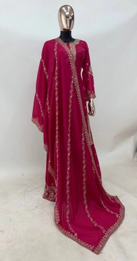 Azorte Fashion Elegant Chinon Embroidered Sharara Suit - Full Stiched - XL (42)