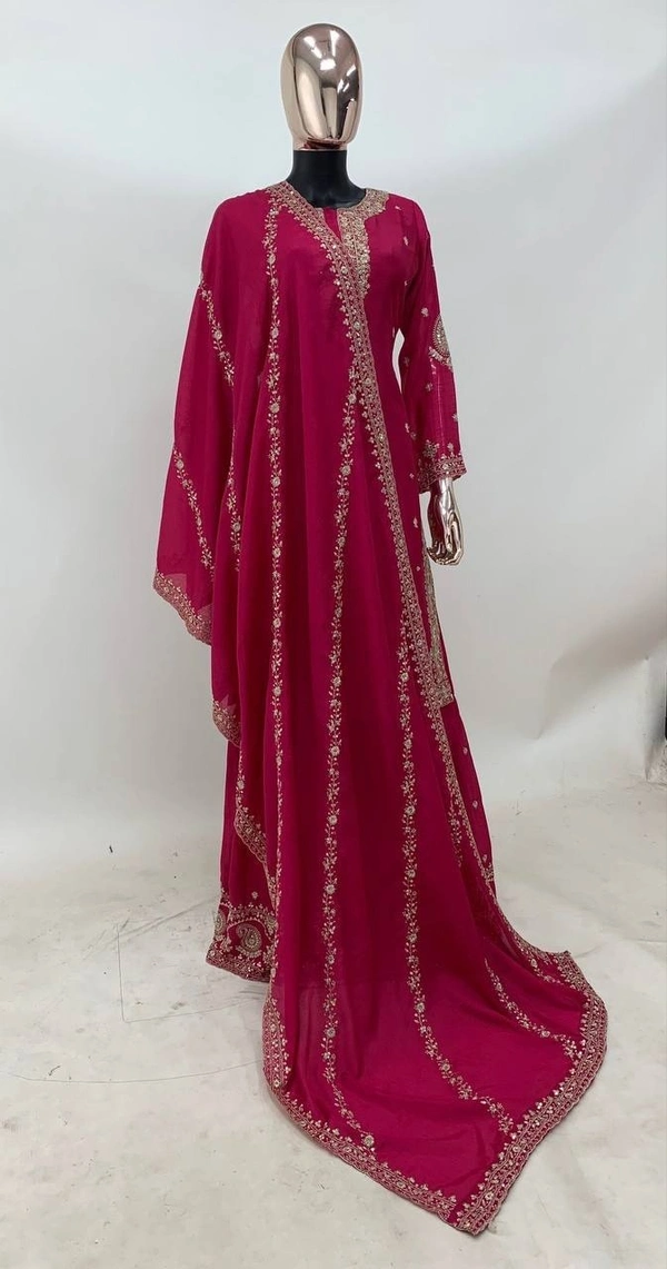 Azorte Fashion Elegant Chinon Embroidered Sharara Suit - Full Stiched - XL (42)