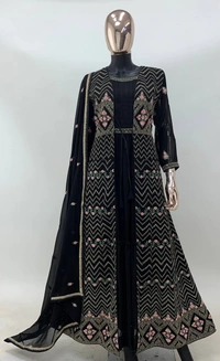 Azorte Fashion  Black Embroidered Gown with Jacket & Dupatta – Full Stitched - L (40)