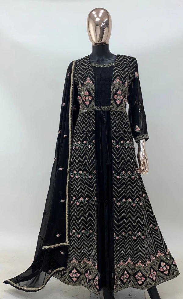 Azorte Fashion  Black Embroidered Gown with Jacket & Dupatta – Full Stitched - L (40)